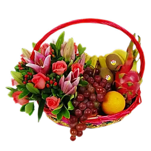 Fruits Basket - Roses, Lilies, Grapes, bananes Etc.
