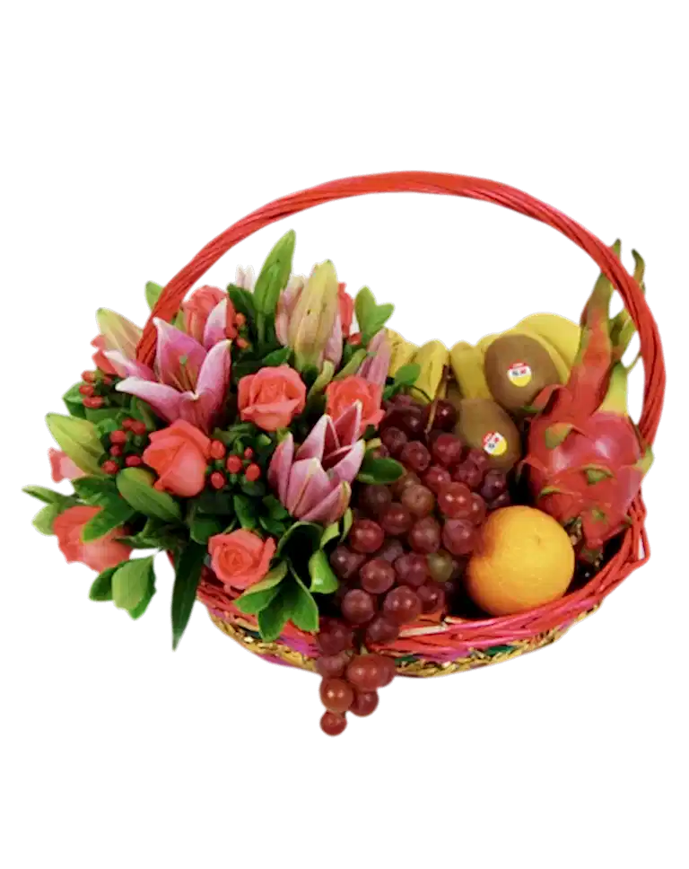 Fruits Basket - Roses, Lilies, Grapes, bananes Etc.a