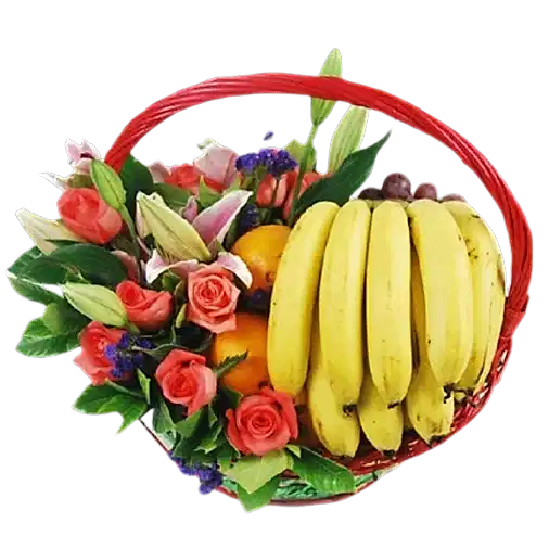 Fruits Basket - Roses, Lilies, Bananas, Oranges etc.