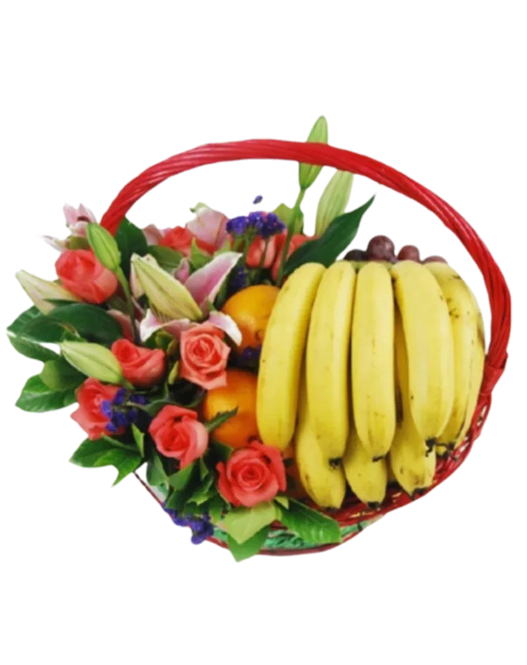 Fruits Basket - Roses, Lilies, Bananas, Oranges etc.a