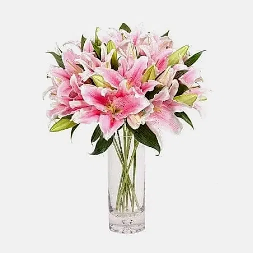 18 Pink Lilies in Glass Vase