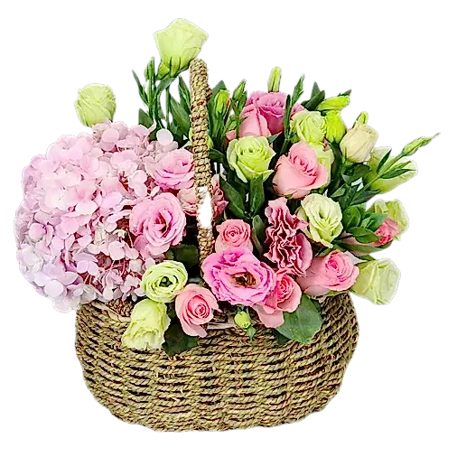 Mixed Flowers Basket of Pink Roses, Pink hydrangea etc