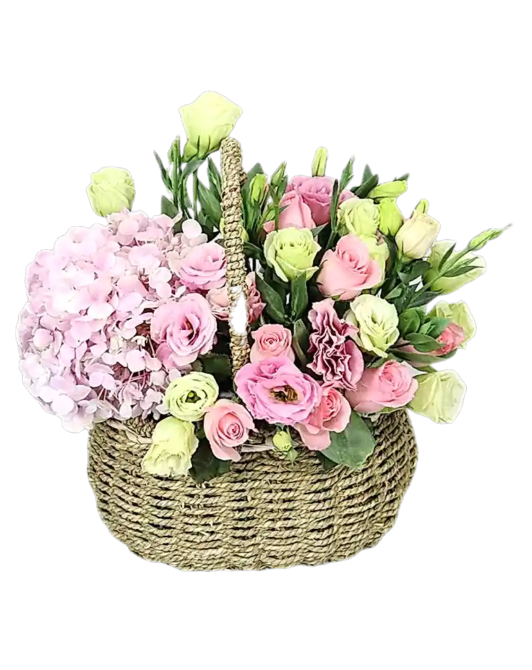 Mixed Flowers Basket of Pink Roses, Pink hydrangea etca