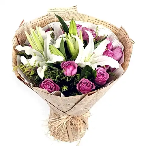 19 Purple Roses with 6 lilies