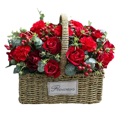 Mixed Flowers Basket of Red Roses, Red Carnations