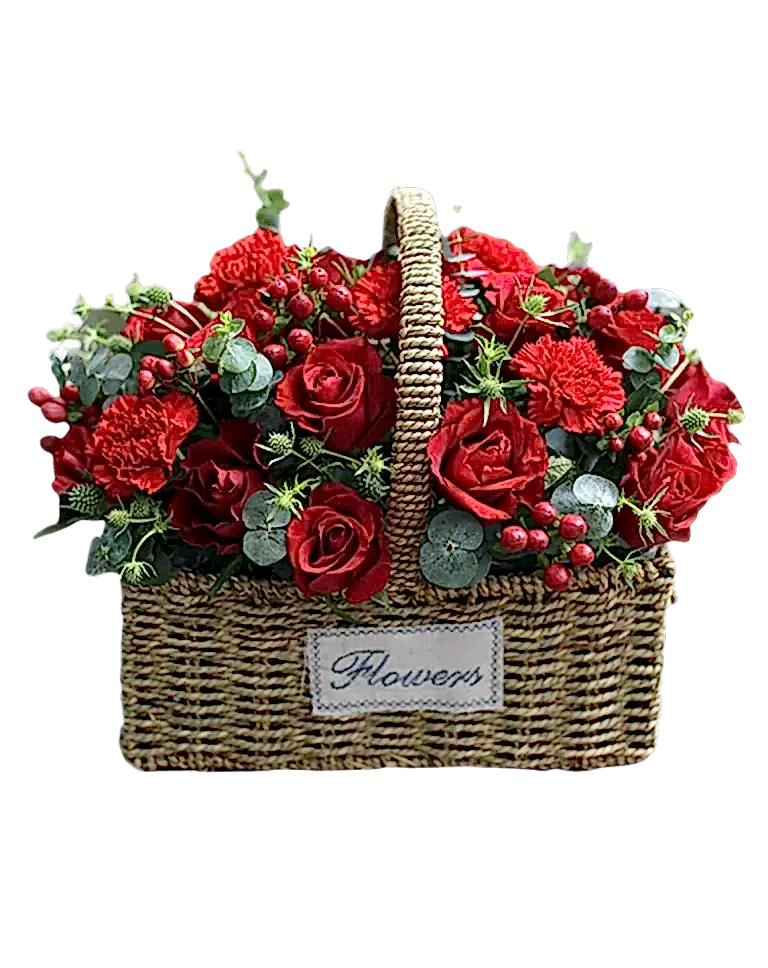 Mixed Flowers Basket of Red Roses, Red Carnationsa